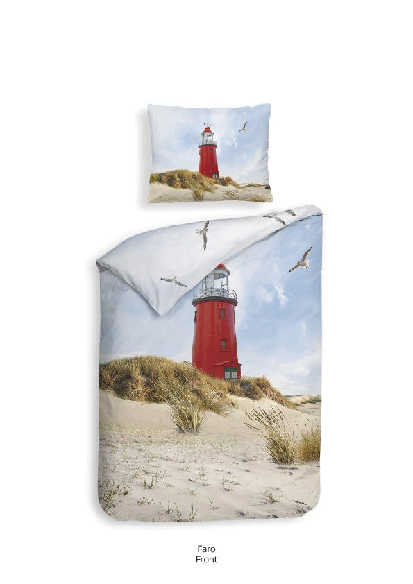 Heckett Lane Faro dekbedovertrek katoensatijn lighthouse, vuurtoren, zeemeeuwen, duinen, texel