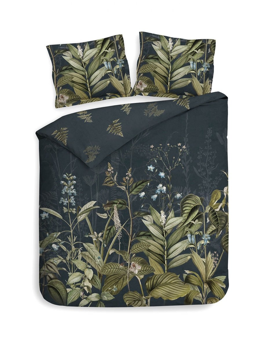 Heckett Lane Holly Navy Blue housse de couette en satin de coton fougères, feuilles, clochettes bleues