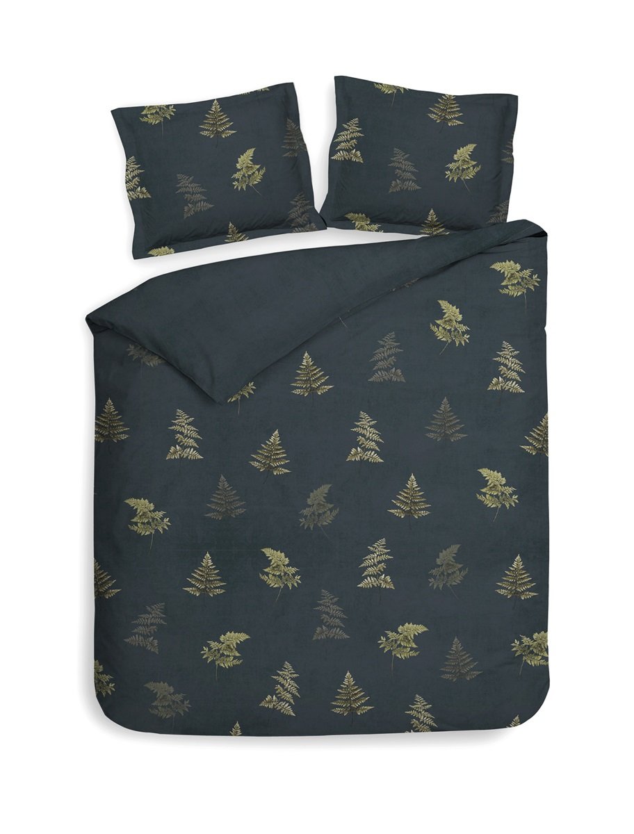 Heckett Lane Holly Navy Blue housse de couette en satin de coton fougères, feuilles, clochettes bleues