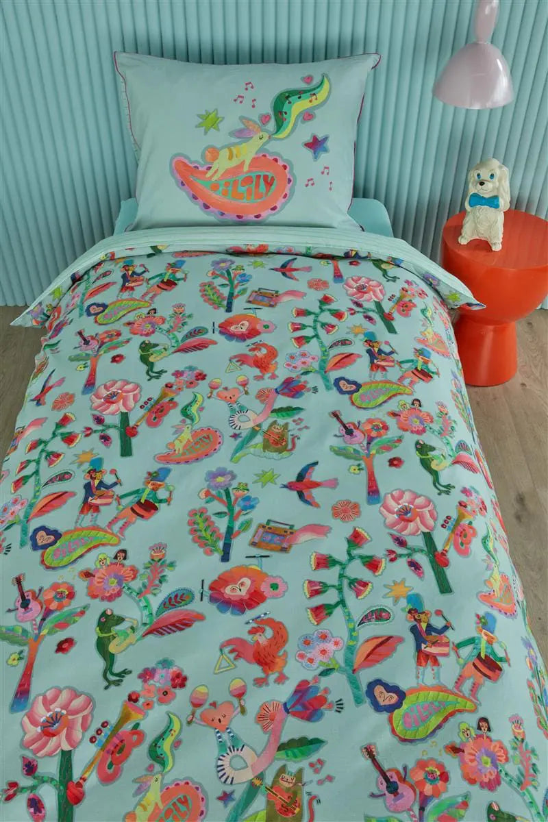 Oilily Musica Blue dekbedovertrek bloemen, konijnen, apen, vogels, kikkers, hanen, katten
