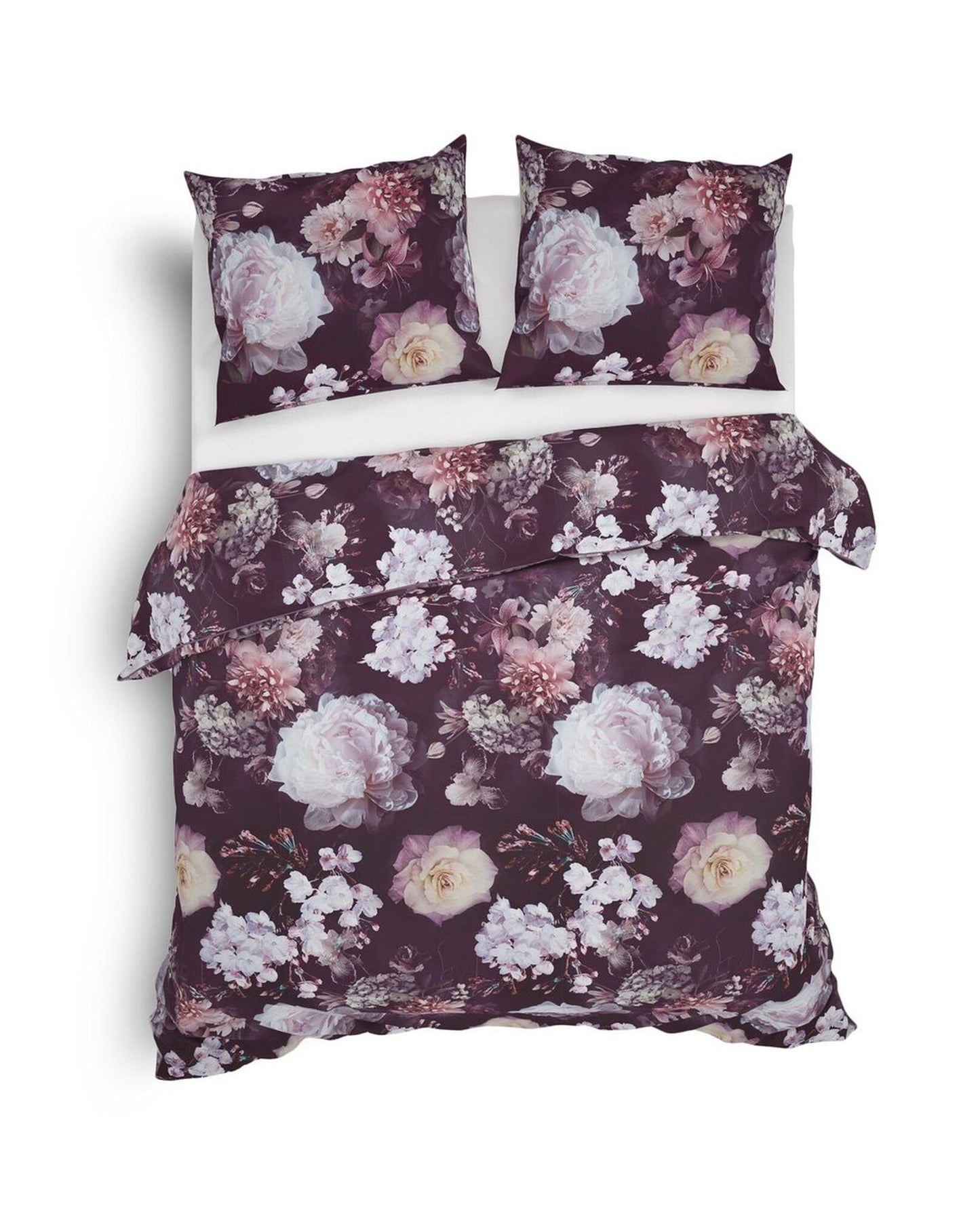 Parure de lit en flanelle Mina Plum de Heckett Lane, motifs fleurs, pivoines, hortensias et lys