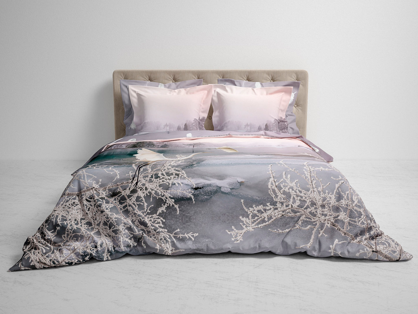 Heckett Lane Wes rose avec housse de couette lilas coton satin héron argenté hiver lac gelé
