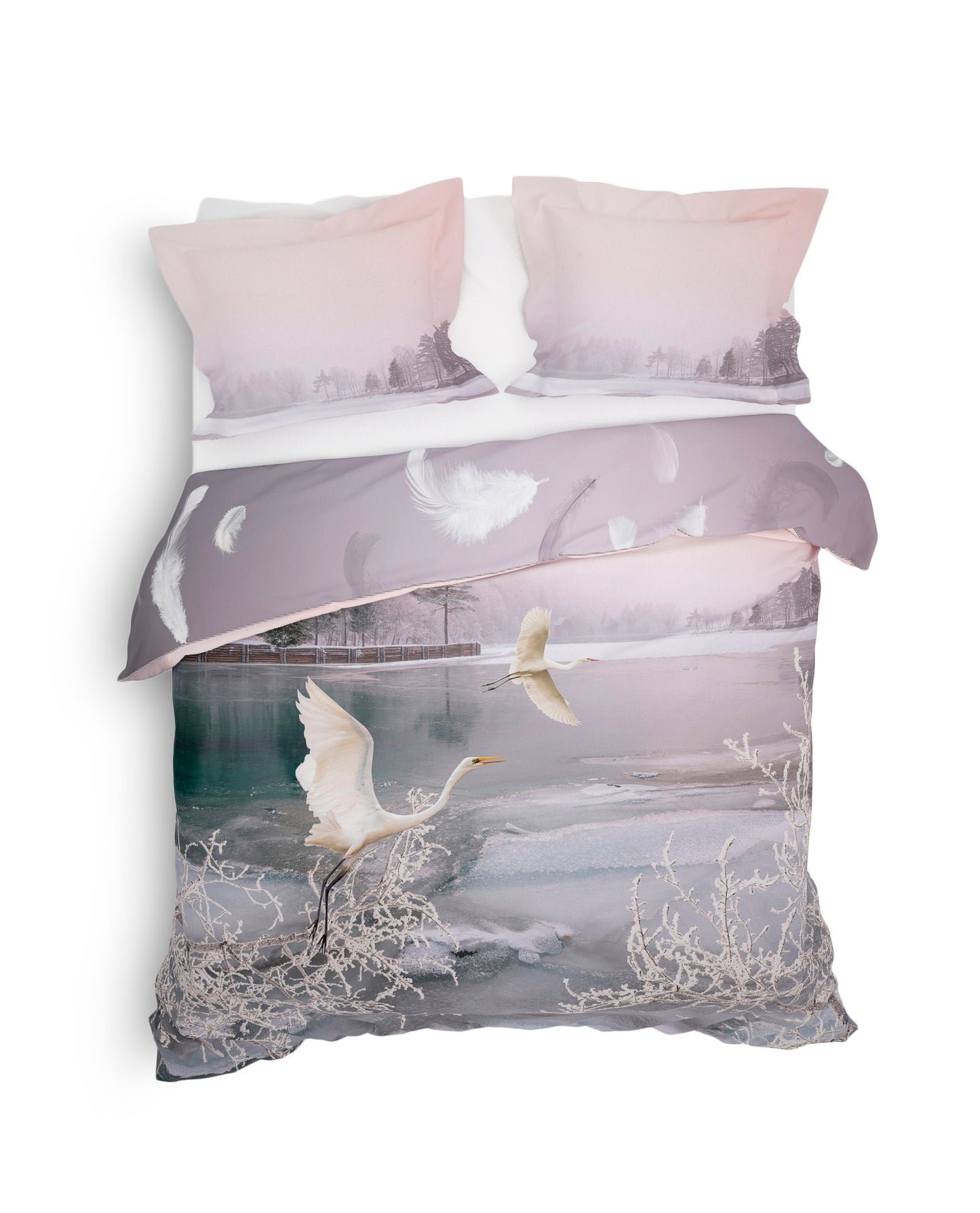 Heckett Lane Wes rose avec housse de couette lilas coton satin héron argenté hiver lac gelé