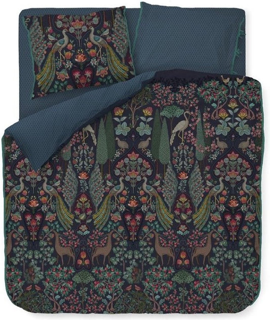 Pip Studio Pavoni dark blue percal 200TC dekbedovertrek gespiegeld patroon pauwen, herten, bomen