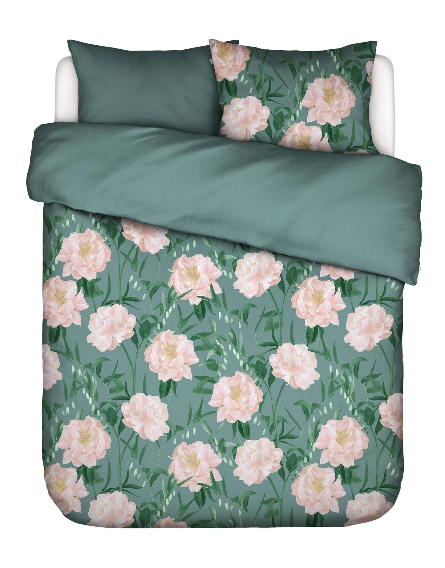 Essenza dorothea Soft teal 215TC katoensatijn dekbedovertrek pioenrozen