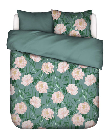 Essenza dorothea Soft teal 215TC katoensatijn dekbedovertrek pioenrozen