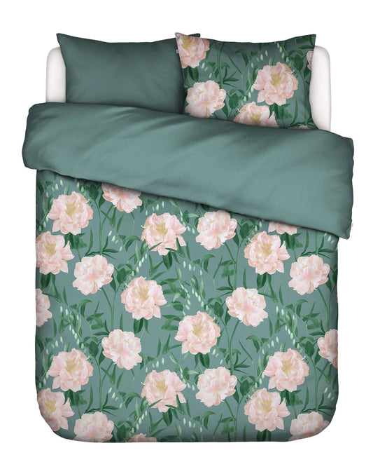 Essenza dorothea Soft teal 215TC katoensatijn dekbedovertrek pioenrozen